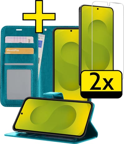 Hoesje - Met 2x Screenprotector - Geschikt voor Samsung Galaxy S25 - Luxe Pasjeshouder - Bookcase Portemonee - Flip Case - Kunstleer Book Case - Flipcase Hoes - Book Cover - Walletcase - Portemonneehoes - Telefoonhoesjes - Turquoise
