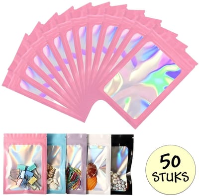 50 Roze Holografische Folie Zip Lock Zakjes - Hersluitbare Mylar Zakken - 7x10cm - Uitdeelzakjes - Transparant - Snoepzakjes - Cadeauzakjes - 50 Stuks