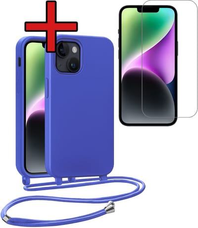 Hoesje Geschikt voor iPhone 13 Mini Hoesje Siliconen Case Met Koord Met Screenprotector - Hoes Geschikt voor iPhone 13 Mini Hoesje Backcover Met Telefoonkoord - Felblauw