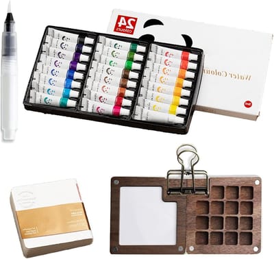 Reis Waterverf Set met 24 Kleuren, 15 Roosters, Inclusief Waterverfpapier, Clip en Pen voor Creatieve Schilderprojecten