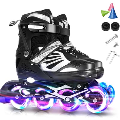 Chaussures de skate pour enfants, patins en ligne lumineux réglables avec roues lumineuses pour enfants et jeunes L noir
