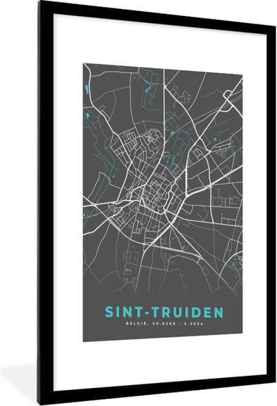 Fotolijst incl. Poster - Plattegrond – Sint Truiden – Blauw – Stadskaart - Kaart - 60x90 cm - Posterlijst
