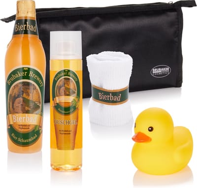 BRUBAKER Bierbadset Cadeauset voor Mannen - Cadeautip - Cadeau Idee - - met Toilettas, Washandje en Rubberen Eend - Vaderdag cadeau