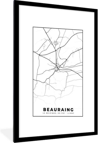 Fotolijst incl. Poster Zwart Wit- België – Beauraing – Stadskaart – Kaart – Zwart Wit – Plattegrond - 60x90 cm - Posterlijst