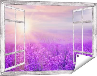 Gards Tuinposter Doorkijk Bloemenveld met Paarse Lavendel - 90x60 cm - Tuindoek - Tuindecoratie - Wanddecoratie buiten - Tuinschilderij