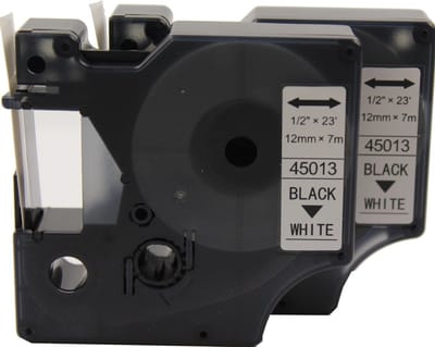 KATRIZ® huismerk label tape voor Dymo 45013 | LabelManager PNP/LabelPoint 150/Protable Labeler PL200/RhinoPRO 5200/6000 | Zwart op Wit | 12mm*7m | 2 stuks