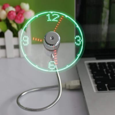 longziming -USB Ventilator - USB Bureaurentilator - Mini Tafelventilator - Geïntegreerde LED Klok - 360° Flexibele Hals - Siliconen Bladen En Metaal - Geruisloos Veilig Design - Ideaal Voor Kantoor En Slaapkamer - 1 Stuk