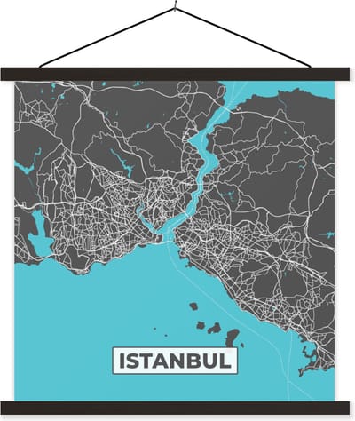 Posterhanger incl. Poster 60x60 cm - Schoolplaat - Istanbul - Blauw - Kaart - Stadskaart - Plattegrond - Textielposter - Zwarte latten - Stadskaart