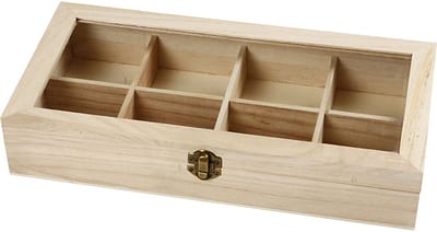 Houten doos met glazen deksel, afm 32x16x6 cm, gatgrootte 7x7 cm, 1 stuk