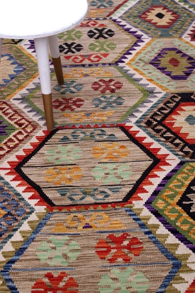 Kleurrijk Tapijt Laagpolig Handgeweven Wollen Vloerkleed - Koho Afghan Kelim 303x211 - 303x211cm- Modern - Woonkamer - Salon - Slaapkamer - Eetkamer