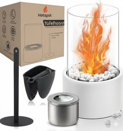 Hotspot - Luxe Sfeerhaard Set - Bio Ethanol Tafelhaard – Brandduur tot 5 uur - Sfeerhaard voor Binnen & Buiten - Geurloos & Rookvrij – Incl. decoratiestenen – Wit