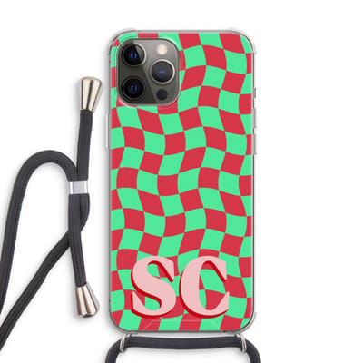 Gepersonaliseerd - Case Company® - Hoesje met koord geschikt voor iPhone 12 Pro hoesje met Koord - Grid Monogram - Telefoonhoesje met Zwart Koord - Extra Bescherming aan alle Kanten en Over de Schermrand