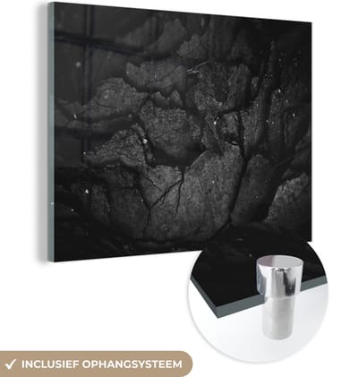 Glasschilderij zwart wit - Steen - Zwart - Wit - Gesteente - 160x120 cm - Muurdecoratie - Woonkamer decoratie