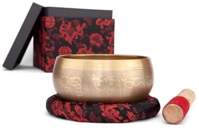 Indiase klankschaal 14 cm met Tara-versiering | Inclusief kussen, lepel & geschenkdoos | Spiritueel cadeau voor meditatie