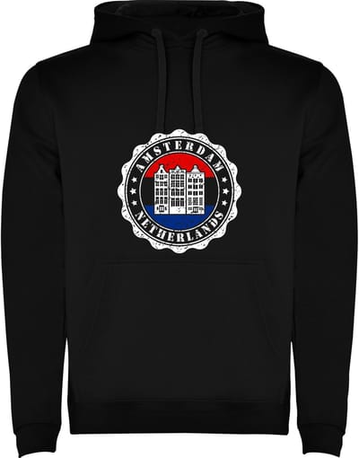 Zwarte Hoodie AMSTERDAM Netherlands met Grachtenpandjes - huizen - stoer - humor Maat M