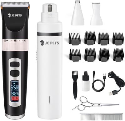 JC Pets 3-in-1 Hondentondeuse en Nagelvijl - Draadloze Dieren Tondeuse voor Honden en Katten - Inclusief Potentrimmer, Precisietondeuse & Elektrische Nagelslijper - Met Schaar en Kam - Hondentrimmer pootjes - Complete Grooming Set