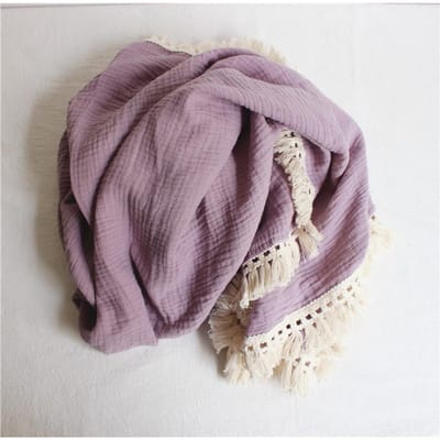 Katoenen Mousseline Inbakeren Dekens voor Pasgeboren Baby Kwastje Ontvangen Deken Pasgeboren Inbakeren Wrap Baby Slapen Quilt Bed Cover (Purple,80X65cm) paars