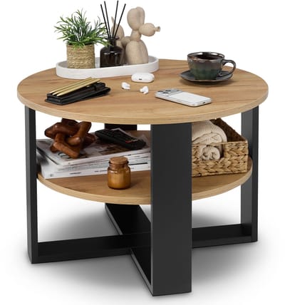 defiPad Ronde Salontafel - Salontafels - Groot Ø70 cm met plank, industrieel, loftstijl, Zwart + Eiken Craf