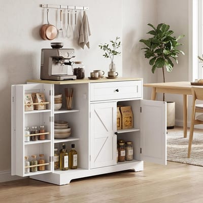 Pugsdrly Sideboard, keukenkast in landhuisstijl met schuifdeuren, 1 lade, 2 verstelbare legplanken, deurplanken