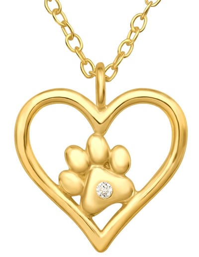 Joy|S - Zilveren hartje hanger met dierenpootje - inclusief ketting 45 cm - poot afdruk - gold plated - goudkleur - zirkonia - kinderketting