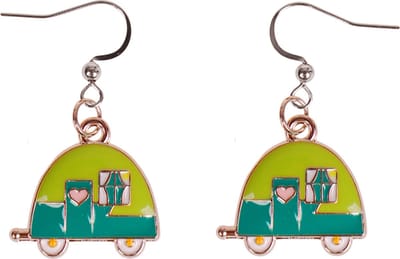 Oorbellen met Hangertje Caravan blauw/groen zilverkleurig geëmailleerd 2cm