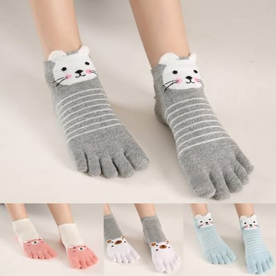 Teensokken dames - 3 paar - teen sokken - toe socks - toesocks - roze - grijs - blauw - wit - leuke print kat - beer - 36 - 40 - cadeau voor haar - geschenk vrouwen - Kerst cadeau - verjaardagscadeau - yoga - sport – giftbox