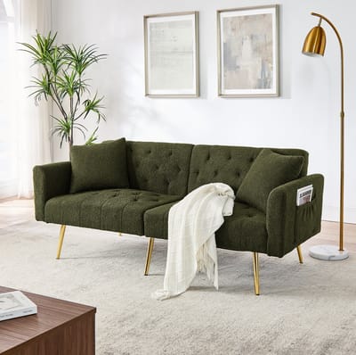 DESMIU Slaapbank 177 x 78 x 74 cm - 3-Standen Verstelbare Rugleuning Met 2 Kussens - Voor Woonkamer En Klein Appartement - Teddy Groen
