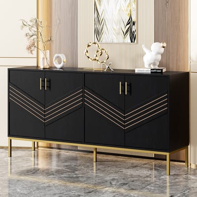 Wishdor Dressoir - 4 Deuren - Verstelbare Legplanken - Geometrisch Deurpatroon - MDF - Zwart Met Houtnerf - 160 X 40 X 80,5 Cm