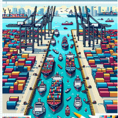 Pixel art haven schilderij | Haven Harbour: Een Pixellandscap van Creatieve Schoonheid en Verbeelding | Kunst - 30x30 centimeter op Dibond | Foto op Dibond