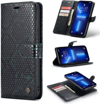Casemania Hoesje Geschikt voor Apple iPhone 13 - Groen - Luxe 2 in 1 Wallet Bookcase met Pasjeshouder en Standaard - Kunstleer Afneembaar Magnetisch Portemonnee Telefoonhoesje met Slangenstructuur