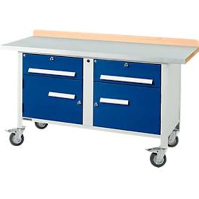 Mobiele werkbank Schäfer Shop Select PWi 150-0, multiplex beuken blad, met stalen afdekking, tot 400 kg, B 1500 x D 700 x H 840 mm