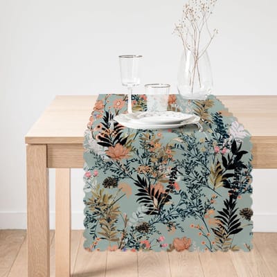 Bedrukt Velvet textiel Tafelloper 45x260 - Bloemen op lichtblauw - Fluweel - Runner - Tafelkleden - Tafellaken