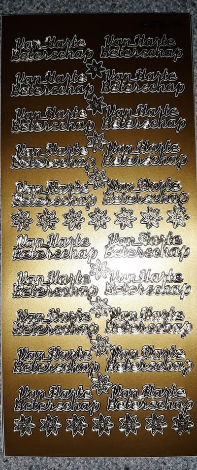 Jeje192 - 1 stickervel goud - gouden stickers tekst - van Harte Beterschap - 20x tekst - bloemetjes - folie zelfklevend - ziekte - kaarten maken