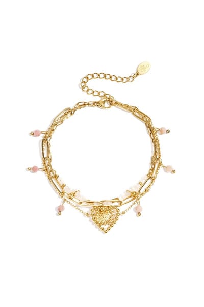 Driedubbele armband met hart - Bloem en kralen - Goud - Verkleurt niet - Cadeau