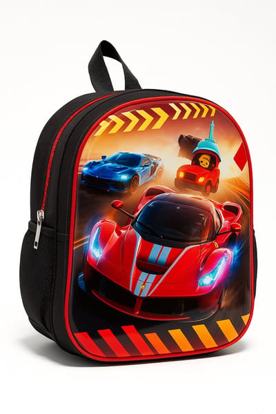 BoefieBoef Rode Raceauto Kinderrugzak 7L - Snel Schooltasje Peuter Kleuter Jongens - Lichtgewicht (230g) Nylon PVC - Cadeau - 28x23x10cm