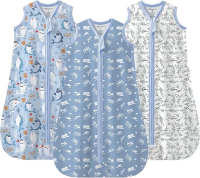 Zomerslaapzak voor Baby's - 0,5 TOG, Ademend, 100% Katoen - Voorjaar en Zomer - 3 Stuks in Blauw - M