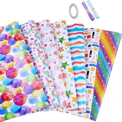 Verjaardagscadeau Inpakset met 7 Stukken Cadeaupapier en 2 Rollen Lint, Perfect voor Feestdagen en Kerst (70 x 50 cm)