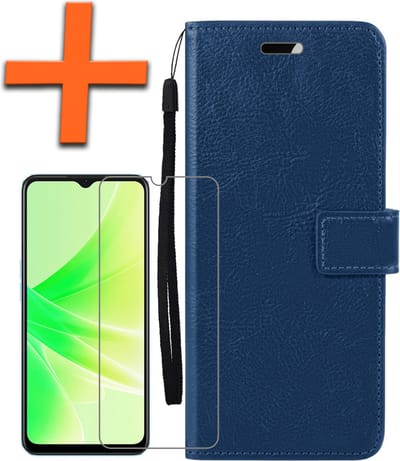 Hoes - Met Screenprotector - Geschikt voor OPPO A57 - Luxe Pasjeshouder - Bookcase Portemonee - Flip Case - Kunstleer Book Case - Flipcase - Book Cover - Walletcase - PortemonneeHoes - Donkerblauw
