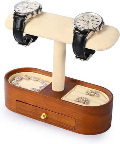 Houten horloge- en sieradenstandaard met laden - armbandhouder, ringenhouder en organizer