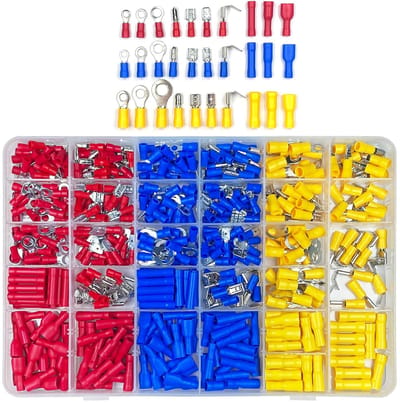 Professionele Krimpklemmen Assortiment – 480 Stuks Geïsoleerde Aansluitklemmen (Ring, Vork, Recht) in Opbergdoos
