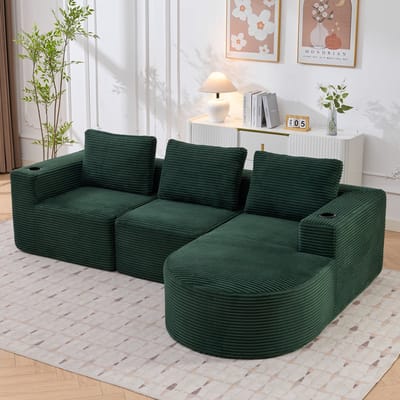 L-Bank, 3-Zits Bank, Hoekbank 265 cm brede Bank met drie Kussens (Verenkussens + Twee Plastic Bekerhouders) - comfortabele 3-zitsbank voor Kleine Woonkamers, Appartementen en Kantoren, Groente