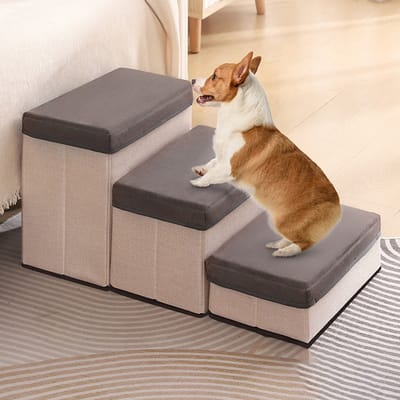 KZQ Opvouwbare Hondentrap 3 Treden met Opslagruimte, Inklapbare Hondenloopplank voor Bed Bank en Sofa, Geschikt voor Kleine en Middelgrote Honden tot 18 kg, Grijs