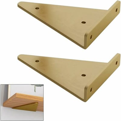 YAGXIG Set van 2 driehoekige wandbeugels - plankdragers - driehoekig - metalen plankdragers - verborgen wandplankdragers - inclusief montagemateriaal - geschikt voor opbergplanken, boekenkasten en keukenplanken (goud)
