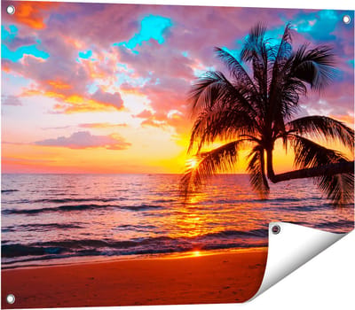 Gards Tuinposter Tropisch Strand tijdens Zonsondergang - 80x60 cm - Tuindoek - Tuindecoratie - Wanddecoratie buiten - Tuinschilderij