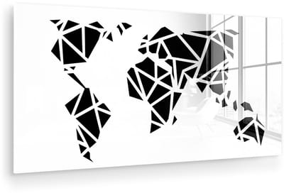 ® Glasschilderij 120x60 cm - Schilderij acrylglas - Wereldkaart - Artistiek - Zwart - Wit - Foto op glas - Muurdecoratie woonkamer - Wanddecoratie slaapkamer - Schilderijen