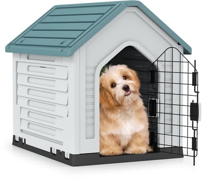 COSTWAY Hondenhok voor buiten, weerbestendig hondenhuis met afsluitbare metalen deur, ventilatiesleuven, schuin dak, huisdierhuis voor kleine honden en katten, hondenkooi voor binnen (blauw)