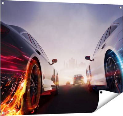 Gards Tuinposter Twee Raceauto's - Blauw Tegen Rood - 100x80 cm - Tuindoek - Tuindecoratie - Wanddecoratie buiten - Tuinschilderij