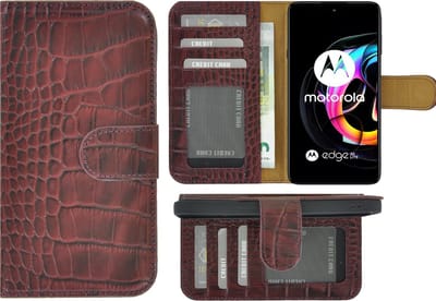 Hoesje Geschikt voor Motorola Moto Edge 20 Lite - Bookcase - Portemonnee Hoes Echt leer Wallet case Croco Bordeauxrood