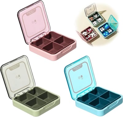Mini Pillendoosjes met 4 Compartimenten - Draagbare Reis Pillendoos voor Vitaminen en Voedingssupplementen (Groen, Blauw, Roze)