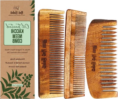 Nat Habit Kacchi Neem Houten kam - gedrenkt in 17 kruiden, neem en sesamolie - zakformaat voor volumineus haar, kort haar voor heren en kinderen, combo (huiskam, zakfijn en dubbele tand)